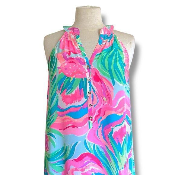 Lilly Pulitzer Womens Bailey Dress Sz Small Pink Green Blue Silk Midi Sundress - Picture 3 of 10
